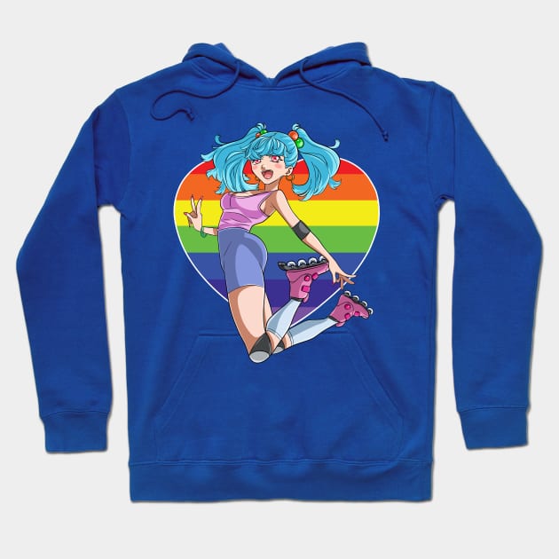 Roller Skate Girl Rainbow Heart Rollerblader Hoodie by Noseking